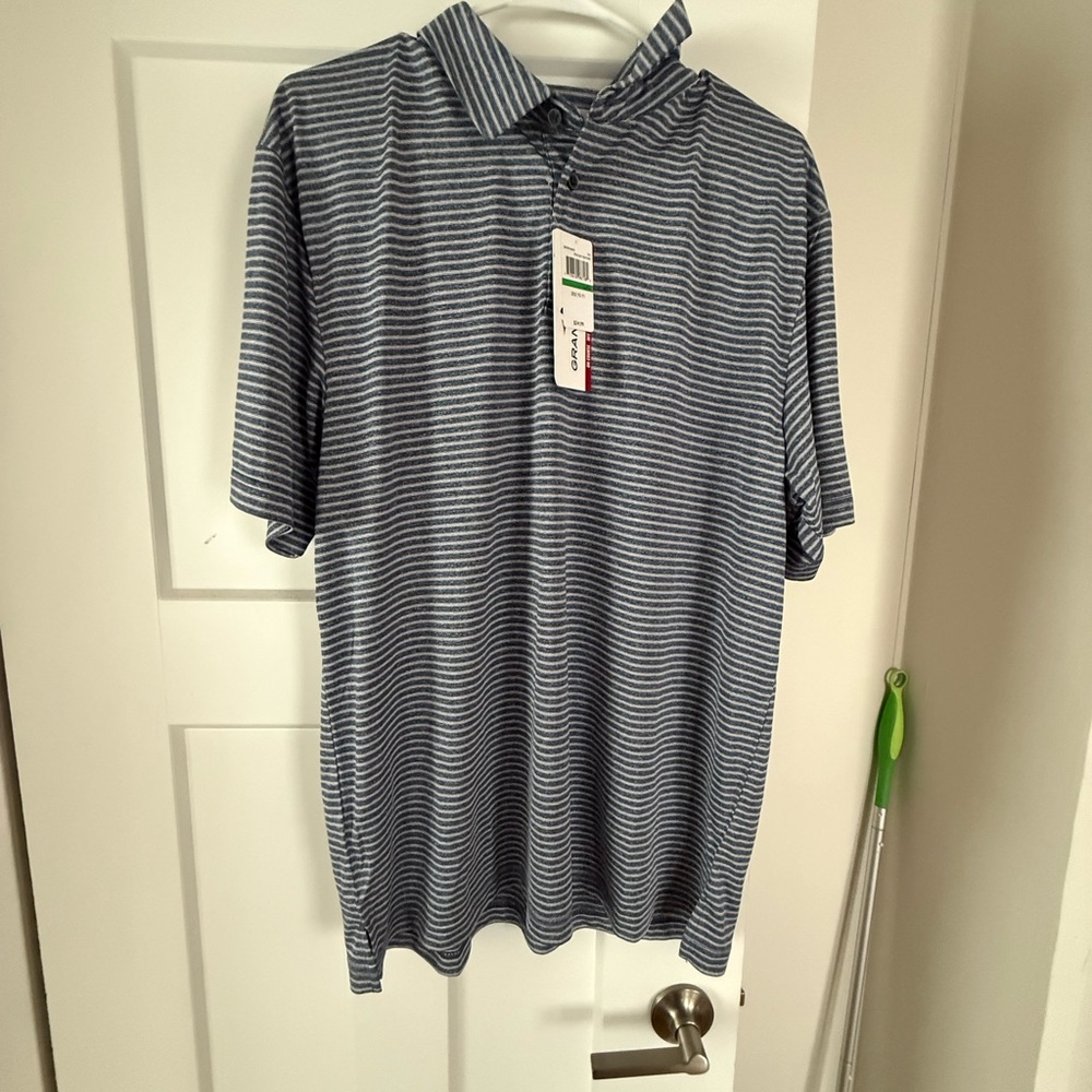 NEW WITH TAGS MENS LARGE Grand Slam Blue and White Striped Polo Shirt
